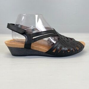 Cobb Hill Helen Wedge Sandals Womens Size 9.5 M Black Leather Slingback Shoes